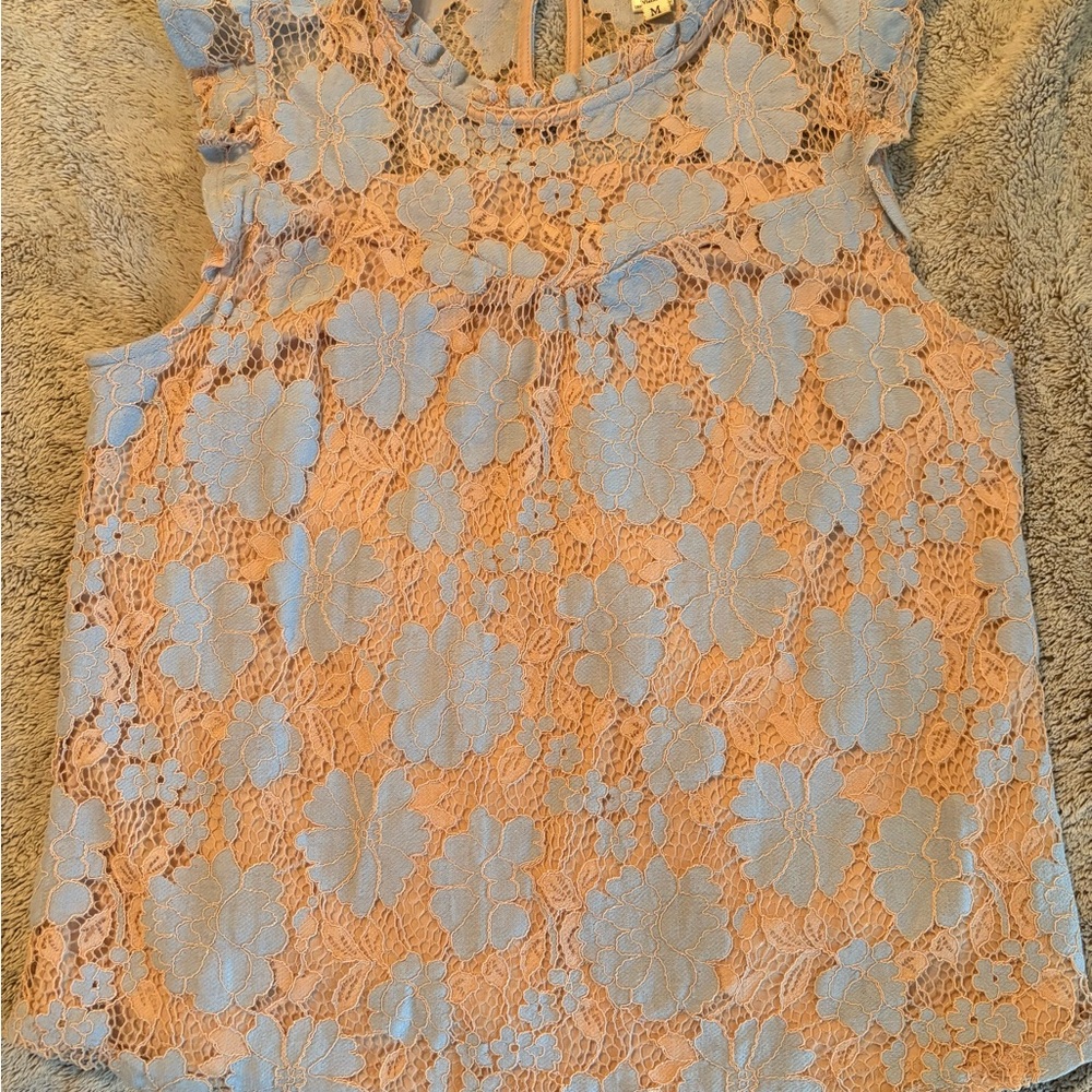 Y2K Floral Lace Coquette Cap Sleeve Blouse - Light Blue and beige